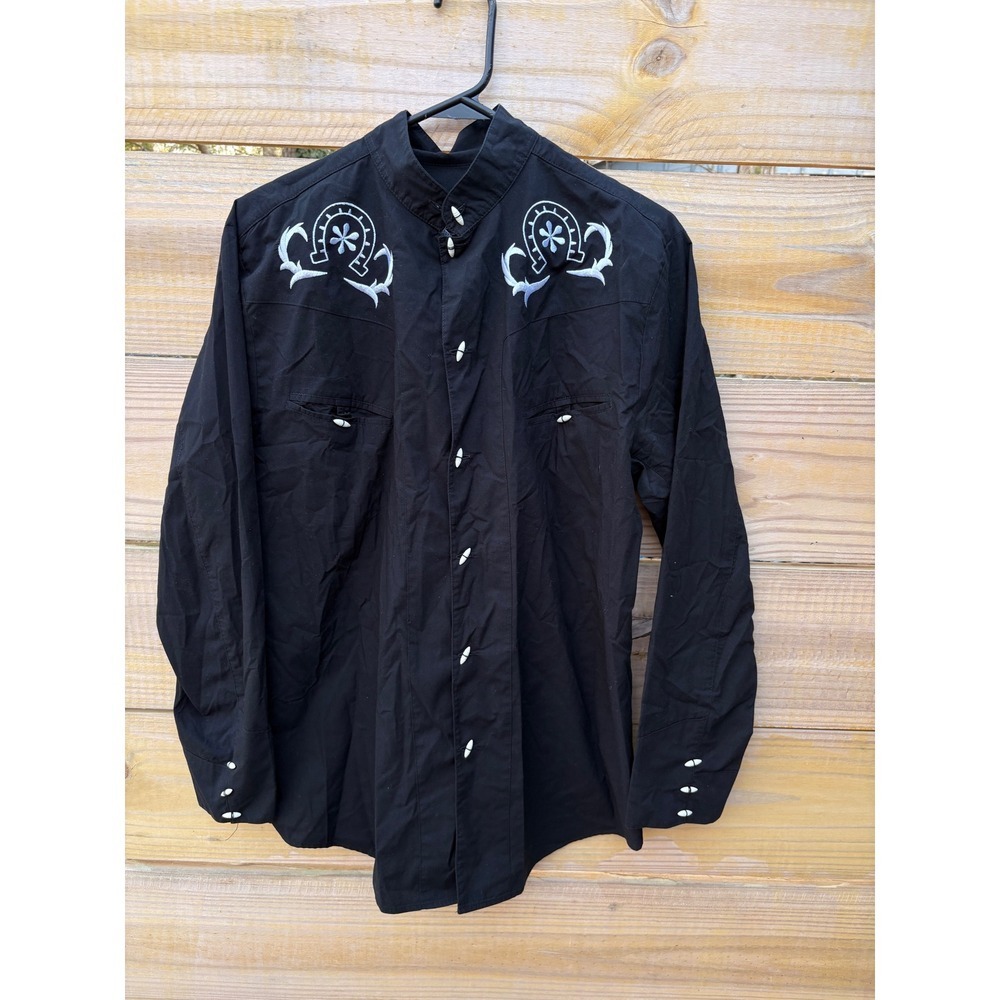 El General Mens Black Western Shirt Horseshoe Embroidery Toggle Button Small